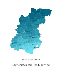 Vector isolated concept with authors vision of simplified administrative map of Nizhny Novgorod Oblast in Russia. Borders of the districts, points with cities, villages. Blue silhouettes. 