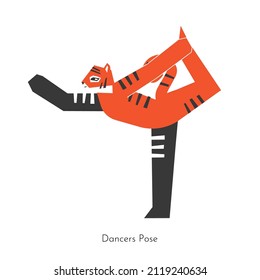 Vector isolated concept with cartoon animal learning balancing yoga practice - Natarajasana. Korean tiger does Lord of the Dance Pose. Geometric illustration with stretching exercise with backbend