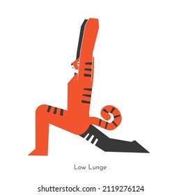 Concepto aislado de vectores con caricatura de personaje animal aprendiendo yoga práctica - Anjaneyasana . El tigre asiático hace pose de baja pulmón. Ilustración geométrica del ejercicio de estiramiento de rodilla