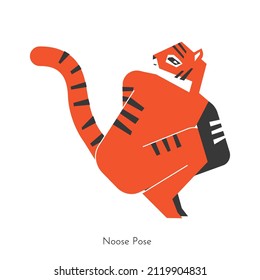 Vector isolated concept with cartoon animal character learning yoga practice - Pasasana. Korean tiger does stretching Noose Pose. Simplified flat illustration of binding exercise to be flexible