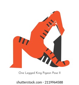 Vector isolated concept with cartoon animal learning yoga practice - Eka Pada Rajakapotasana 2. Asian tiger does one legged king pigeon pose II. Simplified flat illustration of stretching exercise