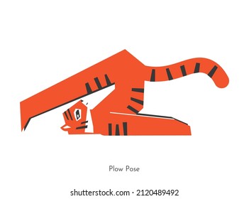 Vector isolated concept with cartoon animal character learning yoga practice - Halasana. Malayan tiger does Plow Pose. Geometric flat illustration of inversion fitness exercise on back