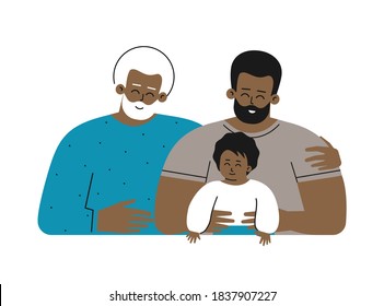 Vector isolated concept for Father's day with flat cartoon characters. Multi generational african american family. Dad is happy young adult man hugging his cute little baby, senior grandfather smiles