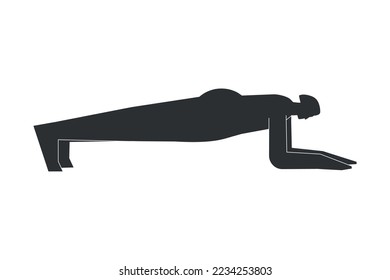 Vector isolated concept with flat black silhouette of female character doing finess. Athletic woman learns yoga posture - Dolphin Plank Pose. Sportive exercise - Forearm Plank