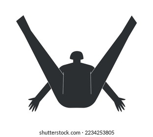 Vector isolated concept with flat black silhouette of female character doing finess. Athletic woman learns yoga posture - Turtle Pose. Sportive exercise - Kurmasana