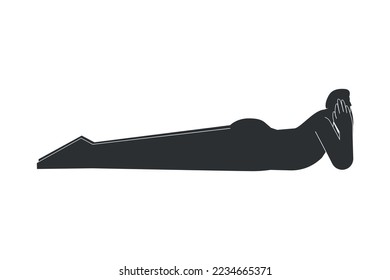 Vector isolated concept with flat black silhouette of female character doing finess. Athletic woman learns yoga posture - Crocodile Pose. Sportive exercise - Makarasana