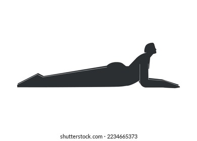 Vector isolated concept with flat black silhouette of female character doing finess. Athletic woman learns yoga posture - Sphinx pose. Sportive exercise - Salamba Bhujangasana