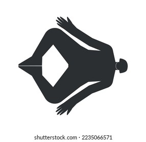 Vector isolated concept with flat black silhouette of female character doing finess. Athletic woman learns yoga posture - Reclining Bound Angle Pose. Sportive exercise - Supta Baddha Konasana