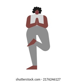Vector isolated concept with flat body positive female character. African american woman learns posture and does Half Lotus Tree Pose at yoga class. Basic exercise - Ardha Padma Vrksasana