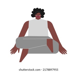 Vector isolated concept with flat body positive character. Sportive african american woman learns stretching asana and does Fire Log Pose at yoga class. Basic fitness exercise - Agnistambhasana