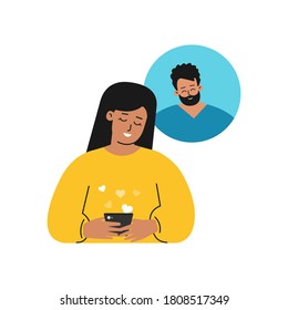 Vector isolated concept. Flat cartoon style. Happy handsome Caucasian woman is texting on phone with her boyfriend. Mobile app for online dating. Beginning of romantic relationship by modern gadgets