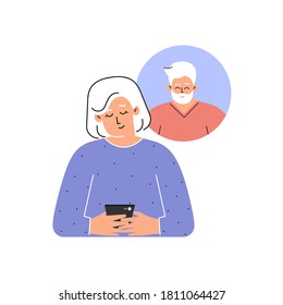 Vector isolated concept. Flat cartoon style. Happy elderly caucasian woman is texting on phone with her husband. Mobile app for online dating and chat. Gadgets for communication of senior people