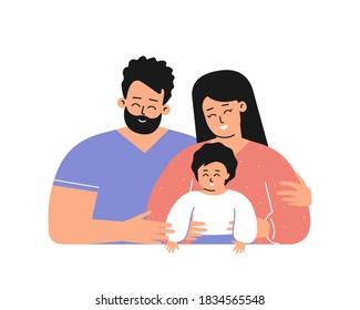 Vector isolated concept with flat cartoon characters. Happy latin family with young adult parents smiles. Handsome mother hugs her cute little child, bearded daddy cuddles them all. White background