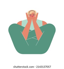 Vector isolated concept with flat Caucasian female character. Sportive young woman learns stretching posture and does Embryo in Womb Pose at yoga class. Basic exercise - Garbha Pindasana