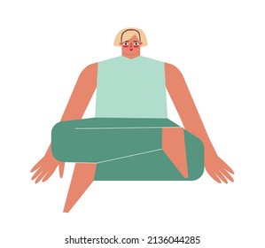 Vector isolated concept with flat female character. Sportive blonde woman learns stretching asana and does Fire Log Pose at yoga class. Basic fitness exercise for beginners - Agnistambhasana