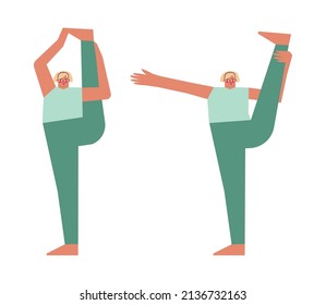 Vector isolated concept with flat female characters. Caucasian adult blonde woman learns balancing posture and does vertical standing split at yoga class. Athletic person does stretching exercise