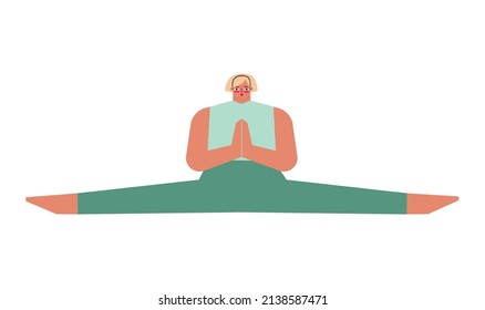 Vector isolated concept with flat female character. Strong adult blonde woman learns stretching posture and does Side Split at yoga class. Basic exercise for beginners - Samakonasana