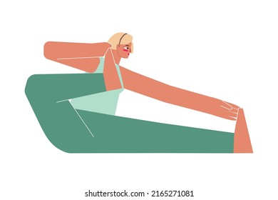 Vector isolated concept with flat female character. Strong woman learns posture Akarna Dhanurasana at yoga class. Fitness exercise - Archer pose
