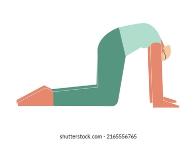 Vector isolated concept with flat female character. Strong woman learns core posture Marjaryasana at yoga class. Fitness exercise - Cat Pose