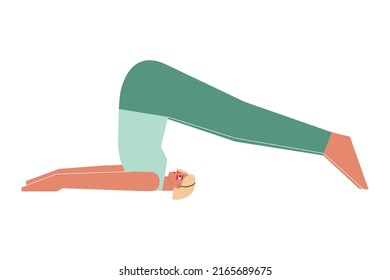 Concepto vectorial aislado con carácter femenino plano. Mujer fuerte aprende Postura de inversión Halasana en clase de yoga. Ejercicio de fitness - Plough Pose