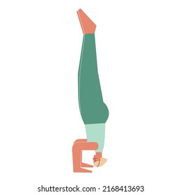 Vector isolated concept with flat female character. Strong woman learns Balancing posture Salamba Sirsasana at yoga class. Fitness exercise - Supported Headstand Pose