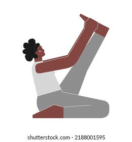 Vector isolated concept with flat female african american character. Strong woman learns Seated posture Krounchasana at yoga class. Fitness exercise - Heron Pose