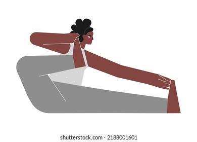 Vector isolated concept with flat female character. Strong african american woman learns posture Akarna Dhanurasana at yoga class. Fitness exercise - Archer pose