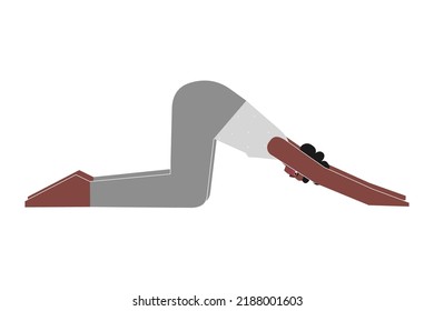 Vector isolated concept with flat female african american character. Strong woman learns posture with Forward Bend  - Uttana Shishosana at yoga class. Fitness exercise - Extended Puppy Pose