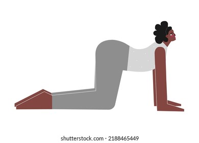 Vector isolated concept with flat female character. Strong african american woman learns posture with backbend Bitilasana at yoga class. Fitness exercise - Cow Pose