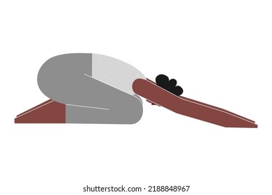 Vector isolated concept with flat female character. Strong african american woman learns posture with Forward Bend - Balasana at yoga class. Fitness Restorative exercise - Child’s Pose