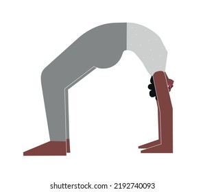 Concepto vectorial aislado con carácter femenino afroamericano. Mujer fuerte aprende la postura Urdhva Dhanurasana en la clase de yoga. Ejercicio de aptitud para el ejercicio - Pose de la rueda o Pose de la reverencia hacia arriba