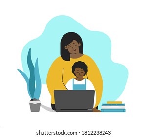 Vector isolated concept in flat style. African American mother and kid are sitting with laptop. Online education with class in quarantine time, making homework with parent's help. Home schooling