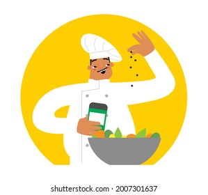 Vector Isolated Concept With Portrait Of Adult Caucasian Professional Chief. Happy Italian Man Cooks Fresh Salad With Organic Vegetables. Healthy And Delicious Cuisine In Restaurants