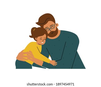 Vector isolated concept with portrait of cartoon characters. Young single father hugs little daughter. Latin daddy and baby girl are happy together, smiling. Healthy positive family relationships