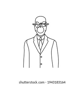 Vector isolated contour drawing famous painting man with apple. Face apple drawing outline sketch. 