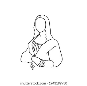 Vector isolated contour drawing famous woman painting leonardo. Colorless contour line mona woman drawing