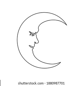 Vector isolated contour fairy tale moon line drawing. Colorless sleeping moon cartoon outline sketch.