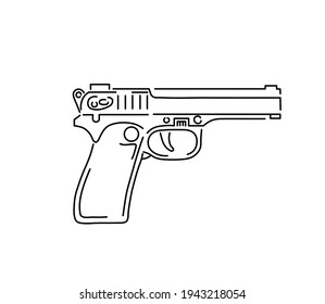 Vector Isolated Contour Line Gun Handgun Drawing. Colorless Graphic Gun Outline Sketch