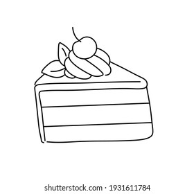 Vector isolated contour piece of cake drawing. Colorless piece of cake black line sketch. 