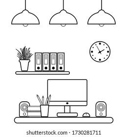 vector, isolated, contour, sketch desk with computer