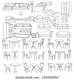 Vector, Isolated, Contour, Sketch Furniture Set