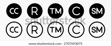 Vector isolated Copyright trademark symbol set in black fill and outline