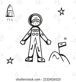 Vektor isolierter Kosmonaut in schwarz-weißem Stehen in der Nähe einer kleinen Fahne zwischen Raketen, Astronaut umrahmt von Sternen und Raketenschiff, auf nahtlosen Muster Hintergrund mit abstrakten Formen.