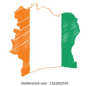 Vector of isolated Cote d'Ivoire map with the flag. Engraving style hatching pen pencil painting illustration concept.