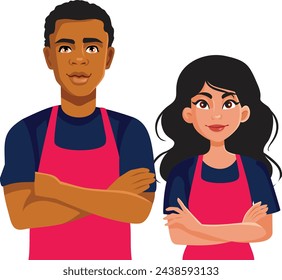 
Vector Isolated Couple of Employees Standing with Arms Crossed. Waiter and waitress standing proud doing his job 
