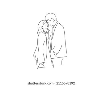 Vector isolated couple in love man and woman kine silhouette doodle cartoon drawing