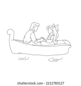 Vector Isolated Couple Man And Woman In Wooden Boat Romantic Date Colorless Black And White Contour Line Easy Drawing