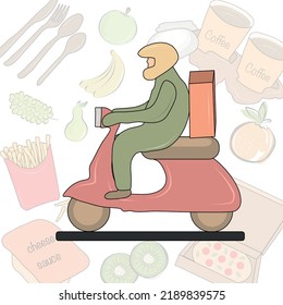 Vector isolated courier on a scooter. Food delivery. Colorful flat illustration.