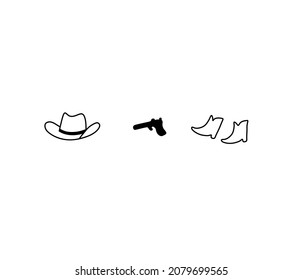 Vector isolated cowboy attributes doodle simple drawings. Colorless black and white cowboy hat, boots and gun symbols