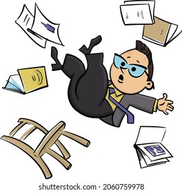 Vector Isolated Crazy Scientist Man In A Suit Falls From A Chair, Books, Paper, Magazines And Diaries Are Flying Around